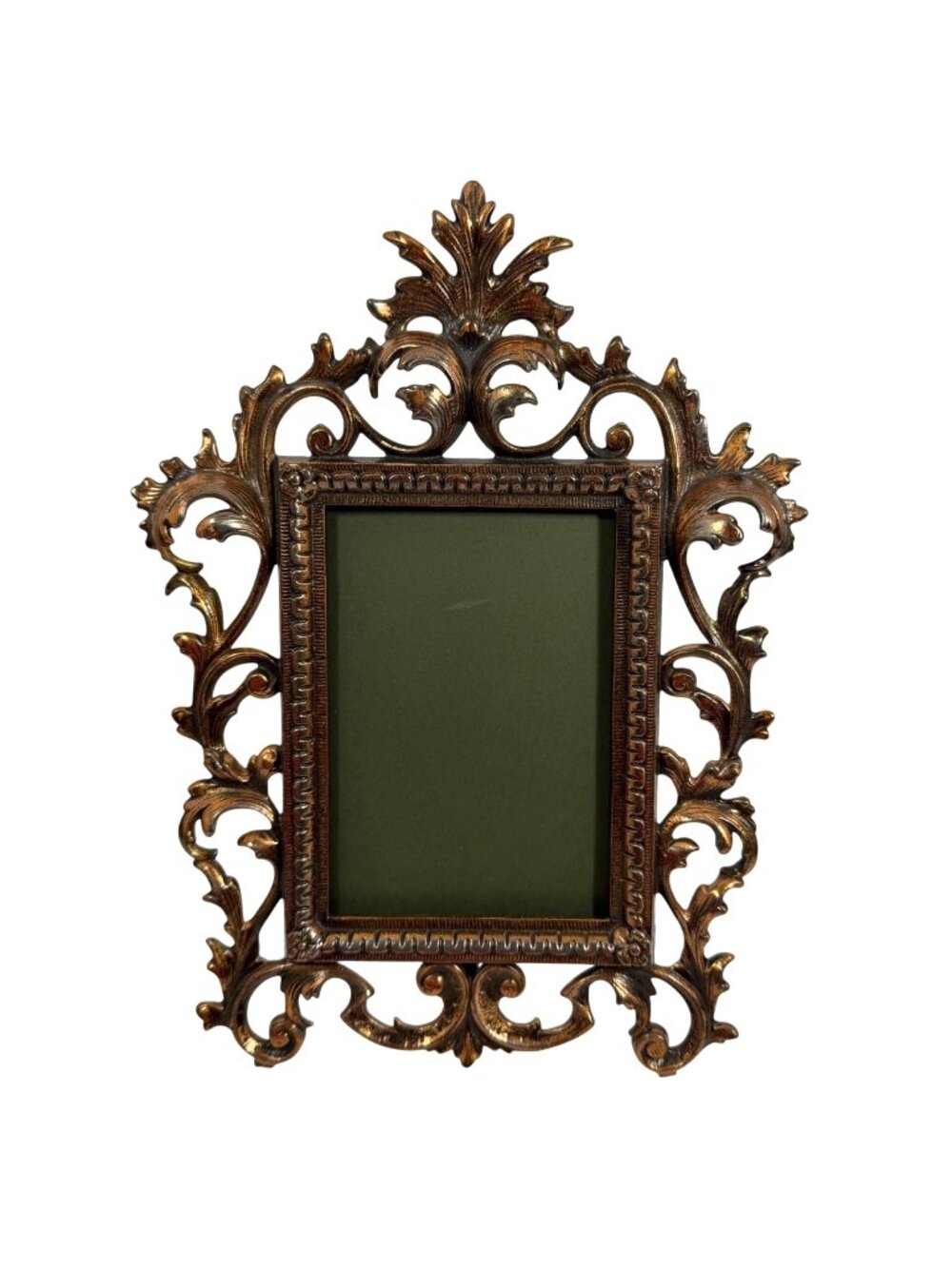 VTG Rococo Ornate Copper Tone Cast Metal Picture Frame Easel Back 4x6 Stamped